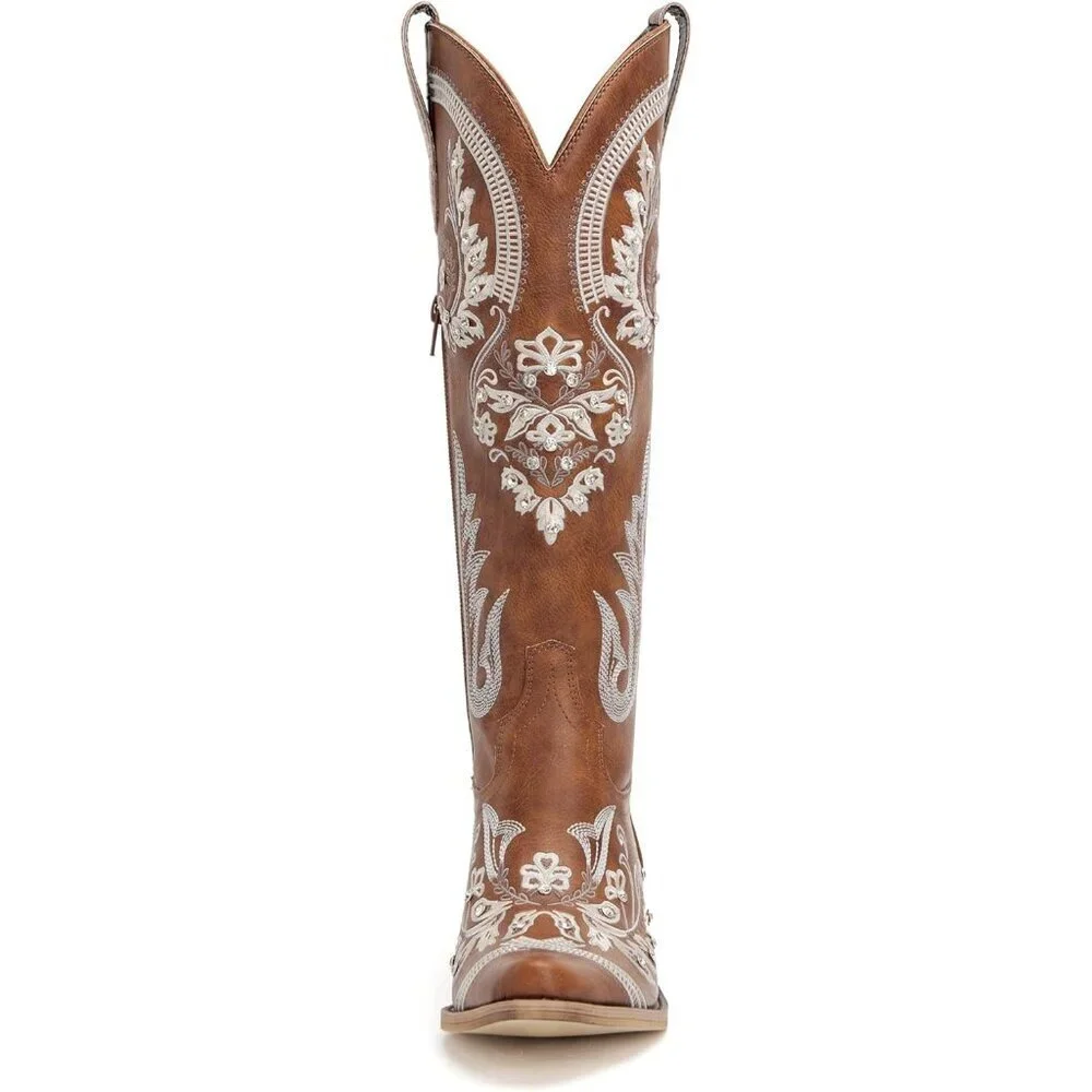 Women Faux Leather Brown Rhinestones Embroidered Chunky Heel Knee High Boot